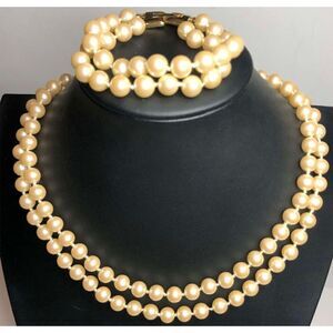 1437  Monet gold tone clasp faux pearl layer necklace bracelet set 17" long 6.5"
